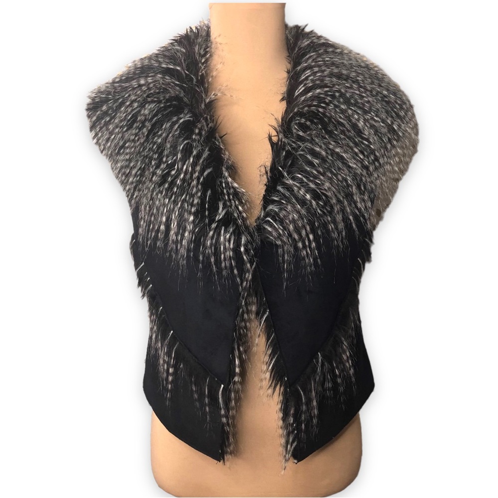 Mythology Vest Faux Fur Suede Black White Reversible Crop Striped Feather Size S